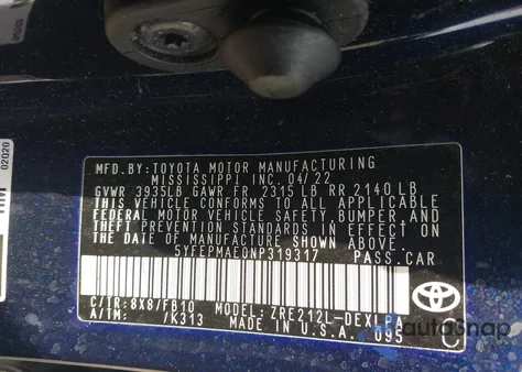 2022 Toyota Corolla Le из США, поврежденный, VIN 5YFEPMAE0NP319317